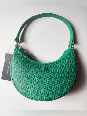Tommy Hilfiger Green Monogram Crescent Shoulder Bag with Gold-Tone Logo